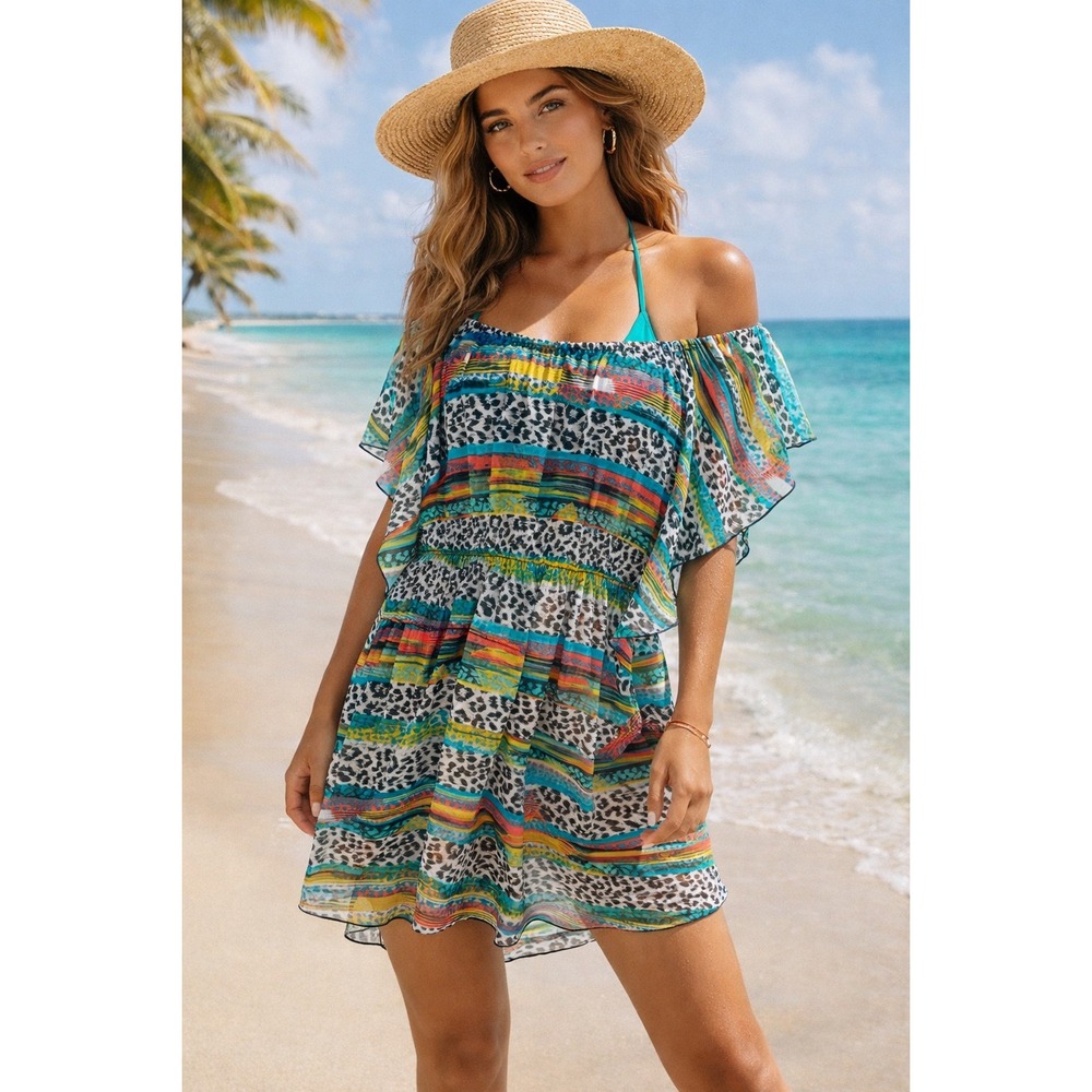 Jessica Simpson Swim Cover Up Boho Off Shoulder Leopard Stripe Medium